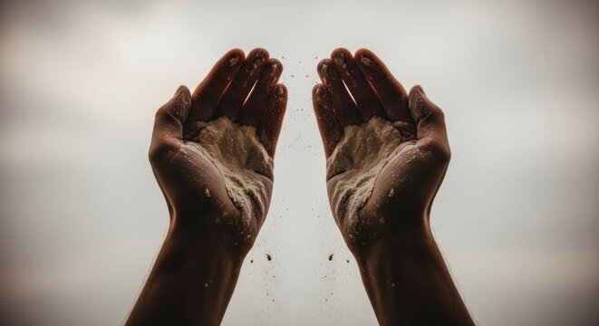 Hands up holding dust, particles falling against overcast sky