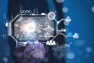 Obraz premium A businessman holding a light bulb on hand interacting with a glowing virtual dashboard centered on an AI Assistant processor.