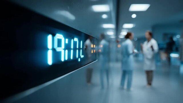 Focused medium shot on digital patient wait time visuals glowing brightly with calm command center background gently blurred to emphasize smooth workflow management.