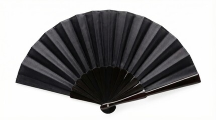 Elegant black handheld folding fan with geometric pleats and wooden handle on white background