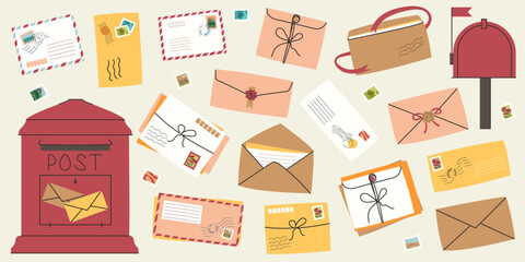 Charming collection of vintage-style letters, stamps, and post boxes. © Lidiia Shapoval