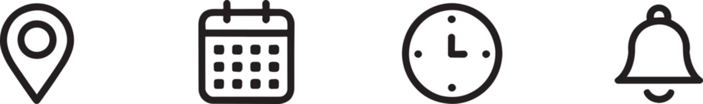 Black location clock and bell symbols