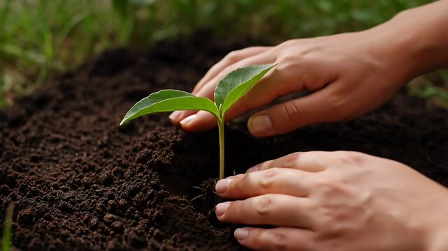 Hands gently planting a vibrant green sapling into rich dark earth