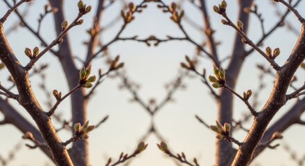 Obraz premium Mirrored buds emerge on branches, soft light