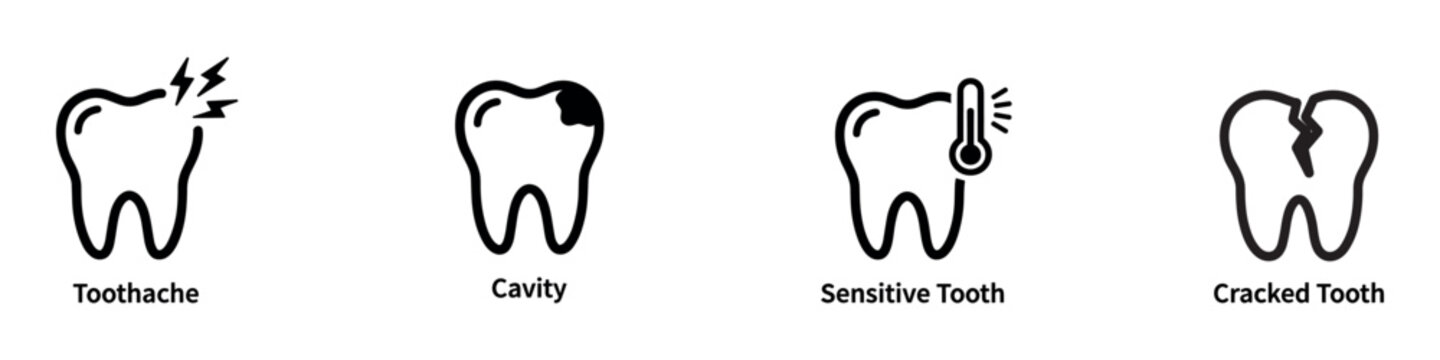 Dental problems and toothache icon set, cavity, sensitive and cracked tooth medical illustrations, flat line style. Vector Illustration.