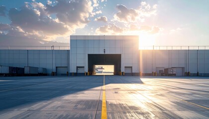 Modern Industrial Warehouse at Sunset with Clear Skies and Clouds