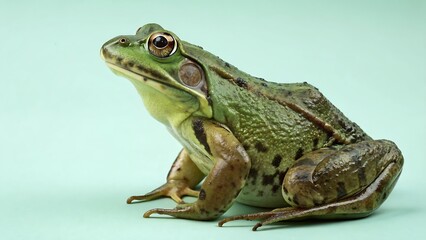 Fototapeta premium A vibrant green frog with bulging eyes and striped legs sits calmly on a smooth, light blue surface, looking to the side.