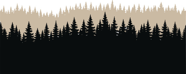 Black and beige coniferous forest panorama, pine and spruce tree silhouettes for mountain landscape design, wilderness nature background, vector. © MdFiroz