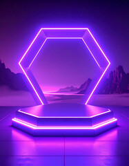 Neon hexagon frame atop platform, mountains and purple sky