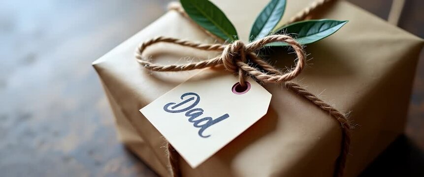 Close up of elegantly wrapped gift parcel tied with twine and accompanied by handwritten note on textured paper for sophisticated gift for dad visual in  Photo Stock  Concept  and empty space on the l