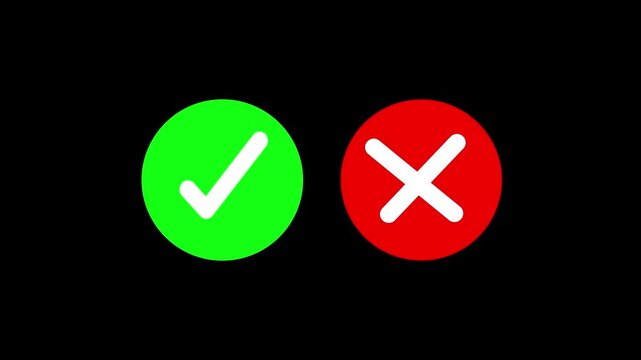 Animated pop-up green check mark and red cross X symbol on a transparent background. A checkmark in and out motion graphics animation. Video footage of yes or no, yes no 4k animation video