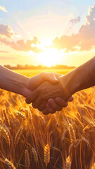 Handshake over golden wheat field at sunset