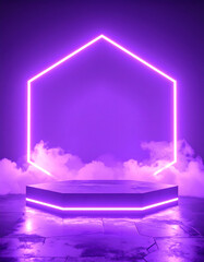 Purple podium with hexagonal light over clouds