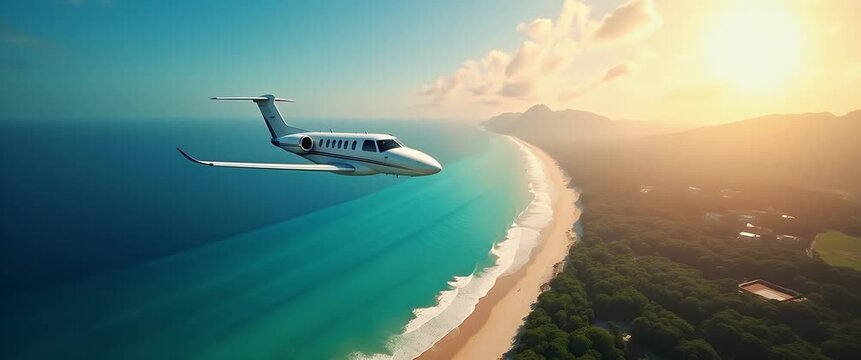 Private jet soars over a stunning coastal landscape, camera tracking smoothly alongside with gentle waves lapping the shore, in a cinematic and serene aerial scene.