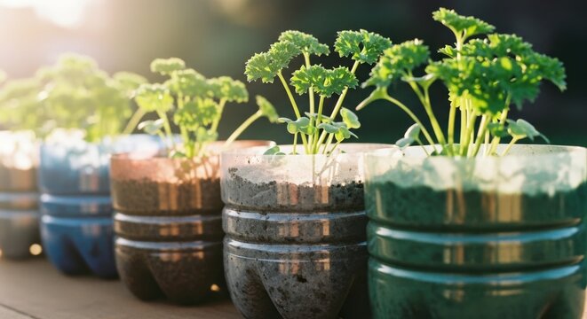 Seedlings sprout from cut-up plastic bottles, catching warm sunlight