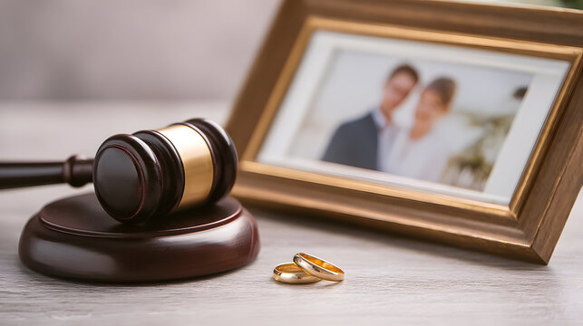 Couple's wedding rings and gavel show the end of a marriage in a legal setting, symbolizing divorce proceedings
