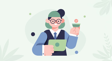 Friendly smiling person in blue suit and green hat, holding money and approval stamp