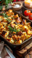 Bread pudding dish; rosemary garnish, rustic setting