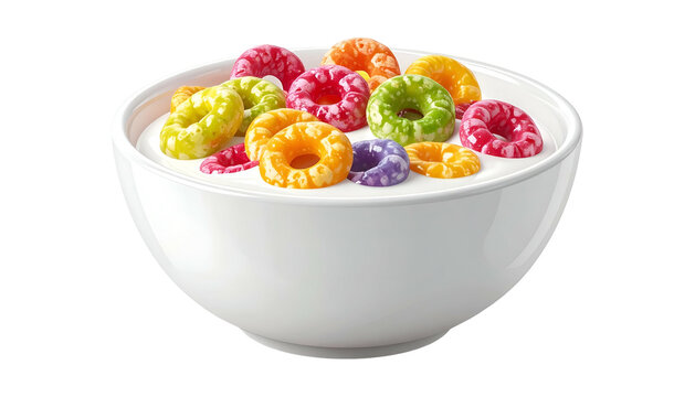 A white bowl filled with colorful, frosted cereal rings floating in milk