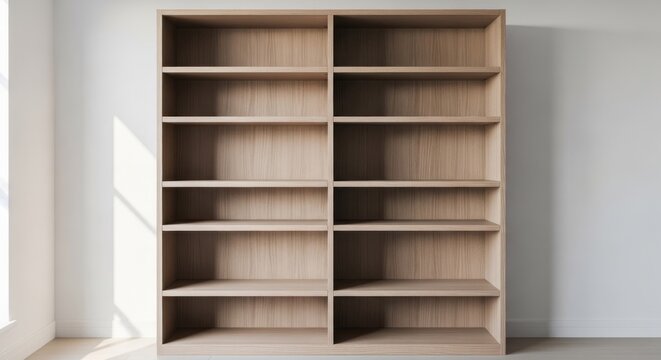 Tall, light wood bookshelf with empty shelves, in front of a white wall
