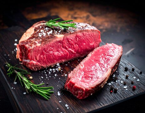 Sliced Medium-Rare Wagyu Steak Revealing Pink Interior with Sea Salt and Rosemary