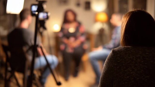 Focused medium shot of a group counseling telehealth room showing a provider engaging with patients through video while the surrounding space is softly out of focus for privacy.