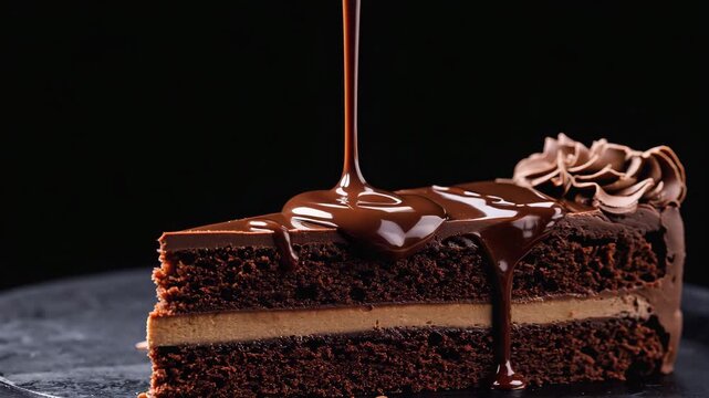 Rich Chocolate Cake Slice with Fudge Drizzle Dessert Food