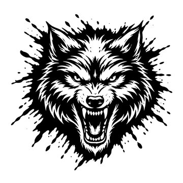 Fierce Black & White Wolf Head Roaring. Aggressive Snarl, Sharp Fangs, Intense Eyes. Dynamic Ink Splatter. Stylized Illustration capturing Untamed Primal Power. Ideal for Logos, Tattoos, Apparel, Gami