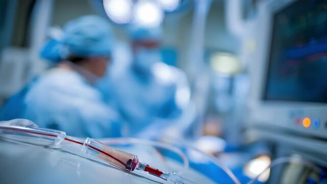 Detailed shot of a vascular catheter being inserted on a sterile field angiography machinery and staff subtly out of focus behind the scene.