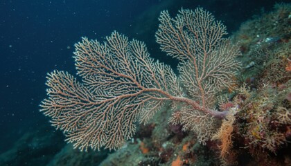 Obraz premium Intricate delicate sea fan structure branching across a dark ocean backdrop, showcasing natural marine beauty and biodiversity