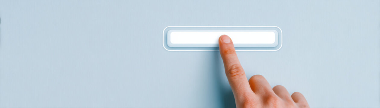 Finger pressing digital search bar on light blue background, minimal style close up editorial stock image transparent cdb f fa