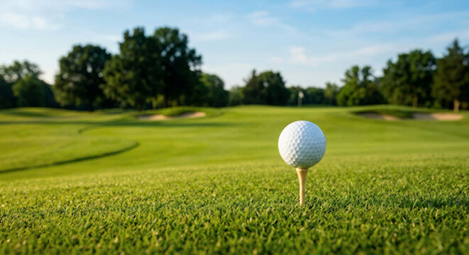 White golf ball rests on a wooden tee set into vibrant green grass, poised for a drive, against a beautifully blurred background of a sunny