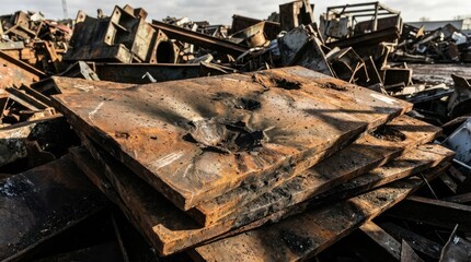 Oxidized Metal Plates Bearing Impact in Industrial Scrap Heap