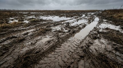 Deep muddy tracks of a vehicle imprinted on a wet field under an overcast sky
