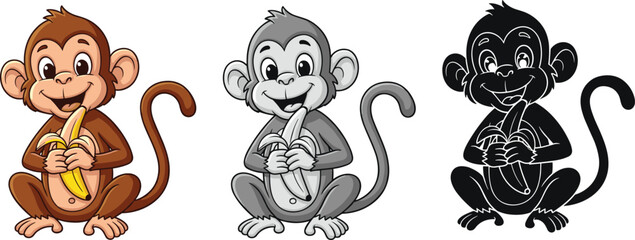 Cute cartoon monkey eating banana character set, color grayscale and silhouette versions, funny jungle animal mascot vector illustration isolated © Md