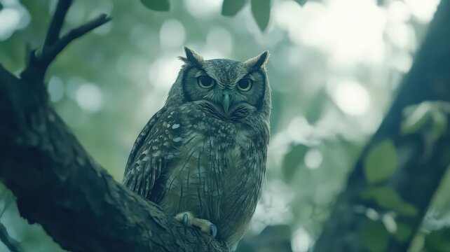 Close-Up of a Majestic Owl Perched on a Branch Surrounded by Green Foliage in a Serene Forest