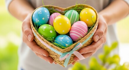 Hands holding heart basket with colorful Easter eggs