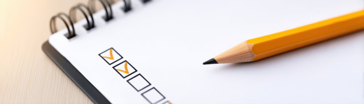 Close up of blank notebook with pencil, featuring checkboxes for task management. image conveys organization and productivity, ideal for planning and note taking