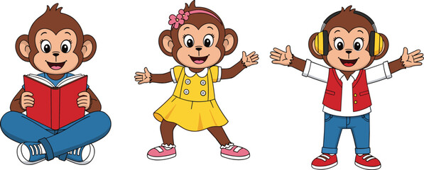 Cute cartoon monkey kids characters reading book, listening music and waving, funny animal mascot set vector illustration isolated © Md