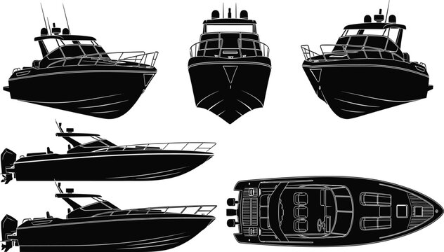 Black motor yacht silhouette vector set, luxury powerboat icons in side front and top view, nautical vessel for marine design, isolated,