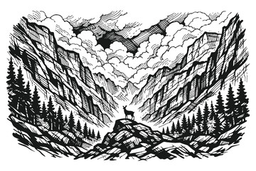 Lone Stag Standing on a Rock in a Deep Mountain Valley Vector Illustration, Hand Drawn Vintage Woodcut Style Featuring Wildlife in an Engraved Landscape. © Chairul