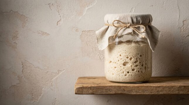 Homemade sourdough starter on a wooden shelf. Keep the sourdough starter (levain) in a cool place
