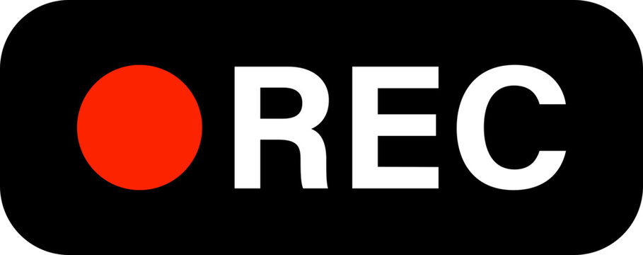 A simple, bold graphic featuring a red circle next to the white text REC on a black background, indicating recording status