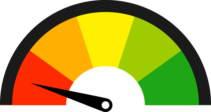A colorful gauge with a needle indicating a low to medium performance level, set against a black background