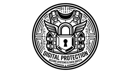 Digital Protection logo with a secure padlock and cyber circuitry in a circular design, isolated white background.