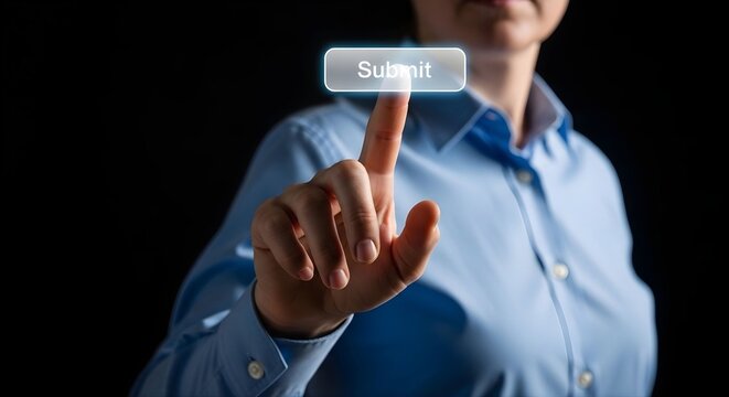 Woman in blue shirt clicking a glowing digital submit button