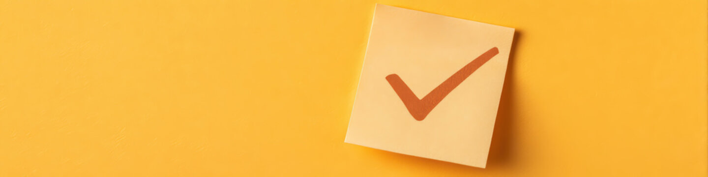 Check mark Sticky note Yellow background Minimal style Close up Paper note Approval Positive symbol Reminder Office supply Message Icon Symbol Paper Note Mark Sign Concept Communication Business