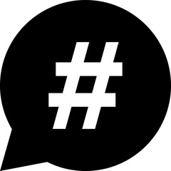 Obraz premium A white hashtag symbol is prominently displayed inside a black speech bubble, symbolizing social media trends and online communication
