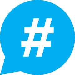 Fototapeta premium A bright blue speech bubble contains a white hashtag symbol, representing social media trends and online communication