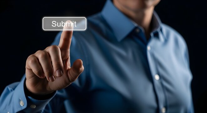 Men in blue shirt clicking a glowing digital submit button
